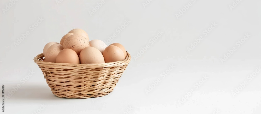 Poster fresh chicken eggs in a bamboo wicker basket on a white background for food and nutrition ads featur