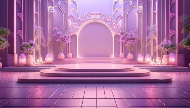 A captivating floral stage design with soft pink hues, elegant arches, and atmospheric lighting perfect for events and celebrations.
