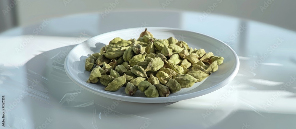 Poster a white plate with green cardamom pods arranged attractively making it a visually appealing copy spa