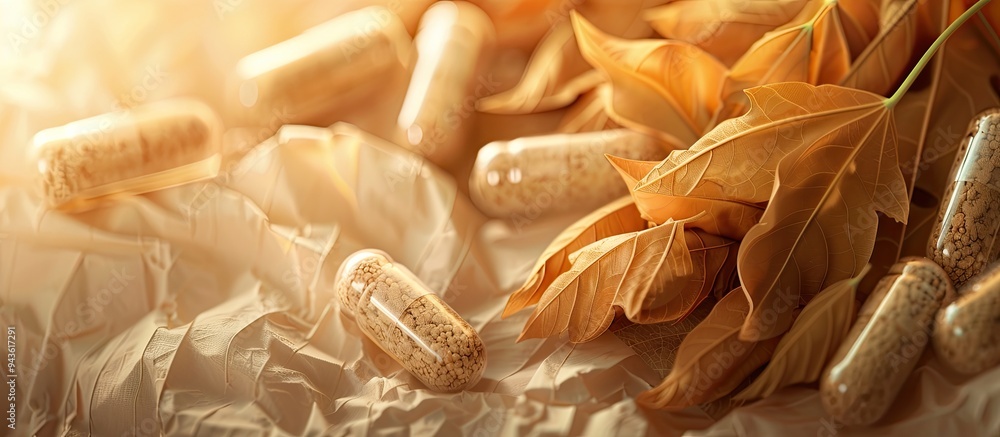 Poster Soft focus close up of Ashwagandha Withania somnifera capsules against a paper background with copy space image