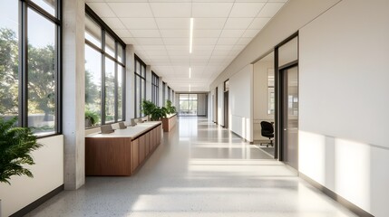 Obraz premium Modern office corridor featuring large windows, sleek design, and decorative plants creating a bright and inviting atmosphere.