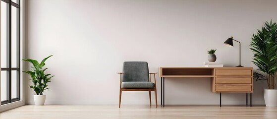 Modern office interior featuring a wooden desk, stylish chair, and greenery, perfect for a contemporary workspace aesthetic.
