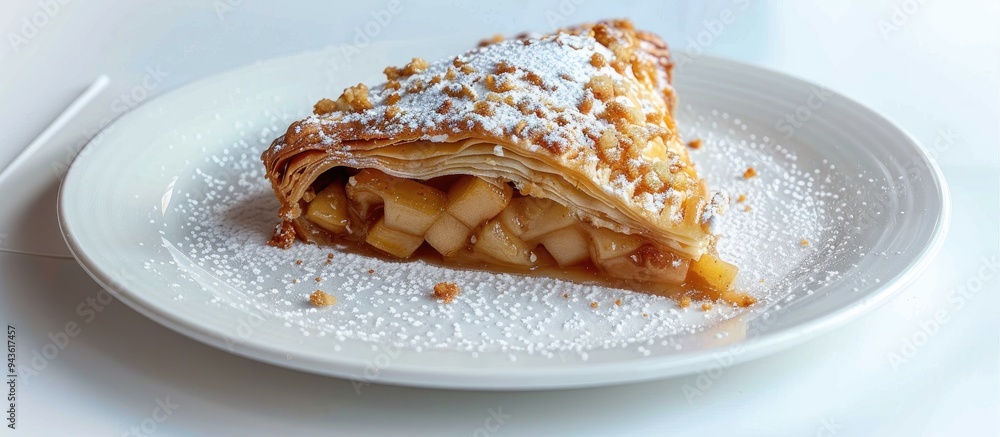 Poster a white plate holds an apple pie danish featuring apple filling powdered sugar crumble and set again