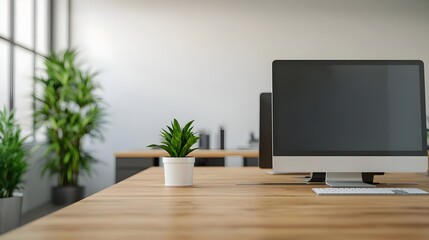 Modern office workspace featuring a sleek computer, wooden desk, and decorative plant for a fresh, inviting atmosphere.