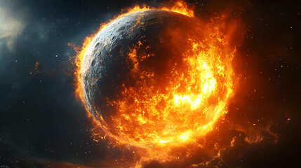 A fiery planet engulfed in flames with a star in the background.