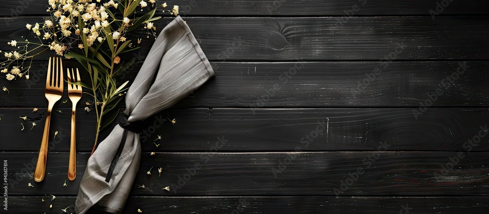 Poster Top view of a chic table setting with cutlery flowers and a napkin on a black wooden surface perfect for adding text with copy space image