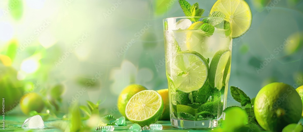 Sticker fresh mojito cocktail with limes and mint served in a glass on a green background perfect for a copy