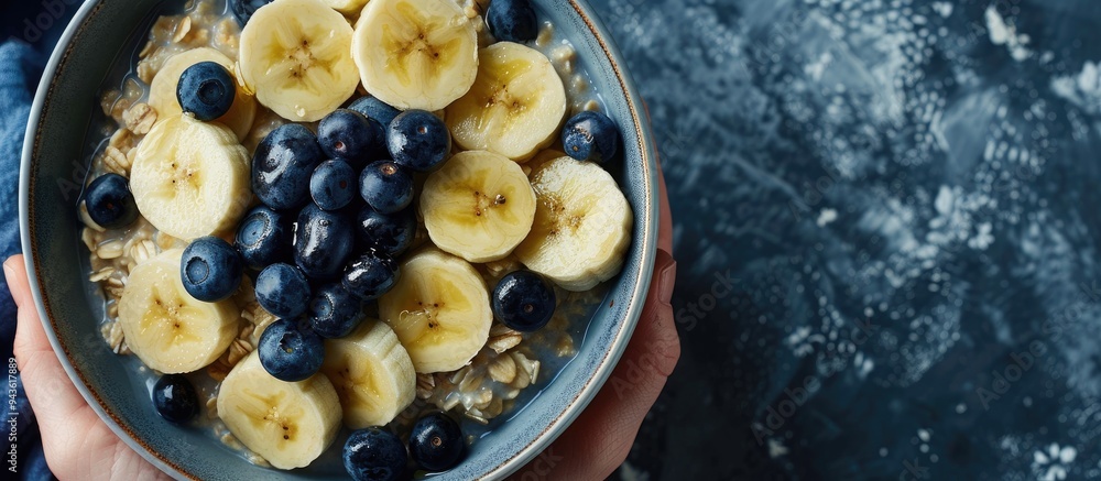 Aufkleber top down view of a healthy oatmeal bowl adorned with blueberries and banana slices accompanied by ad