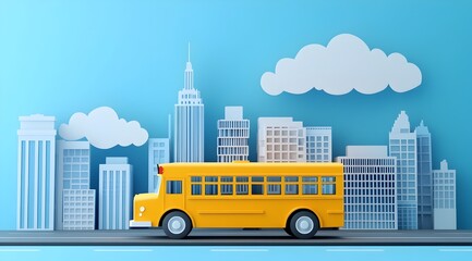 Vibrant City Skyline with Yellow School Bus Traversing the Urban Landscape