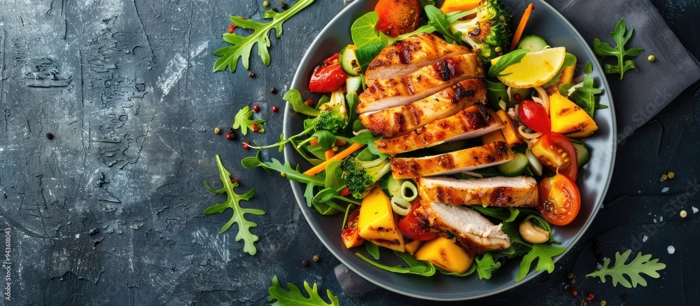 Poster crispy chicken fresh veggies and cheese on a salad with room for a copy space image