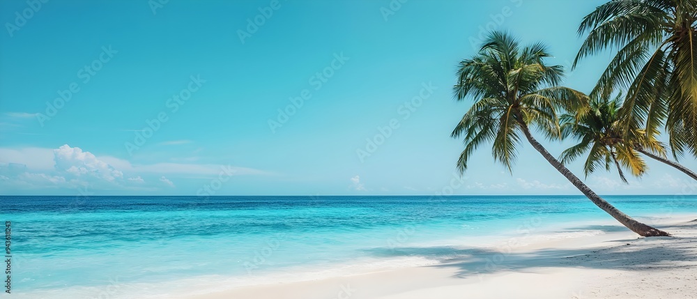 Wall mural Tranquil tropical beach scene featuring clear turquoise water and swaying palm trees under a bright blue sky.