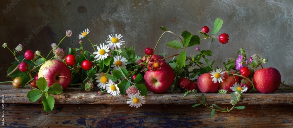 Poster summer s flavors captured in a vibrant still life featuring clover chamomile and apple blossom creat