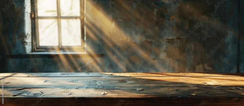 Poster a wooden table with a soft window lit wall background and subtle shadows creates a serene ambiance f