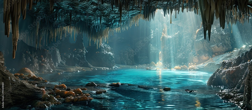 Poster in a murky cave stalactites hang above a pool of water with copy space image