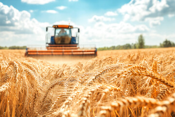 Farmer is harvesting wheat, wide yellow wheat plant background