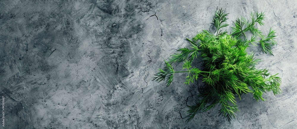 Poster Top view of a cluster of fresh dill on a textured grey surface with a blank copy space image for text