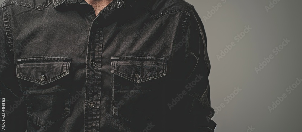 Poster blurry shot showing a dark male shirt up close with a space for text or an image. creative banner. c