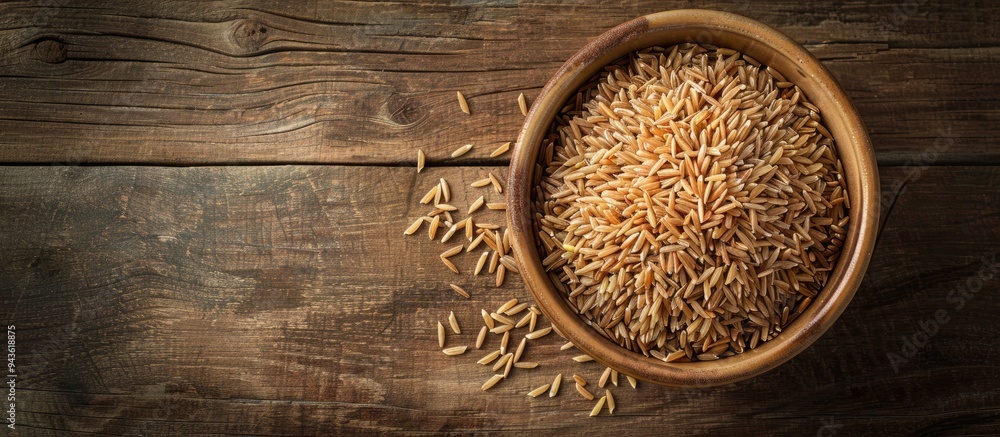 Aufkleber Top view of uncooked long grain brown rice in a bowl on a wooden surface with space for additional images