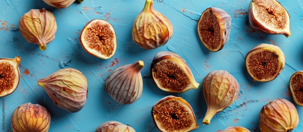 Aufkleber dried figs arranged on a blue backdrop with copy space image