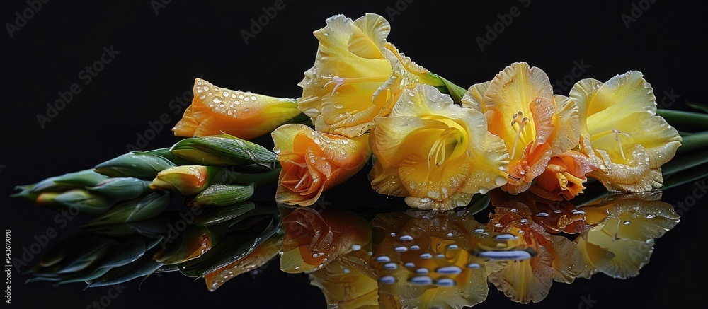 Poster a beautiful yellow gladioli stem with water droplets displayed on a reflective black background idea