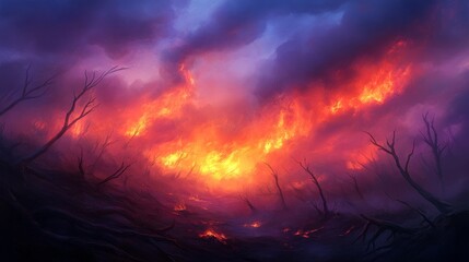 Obraz premium A once lush forest devastated by wildfire, charred trees, and smoldering ruins, captured in a surrealistic style, with vibrant contrasting colors to emphasize the destruction.