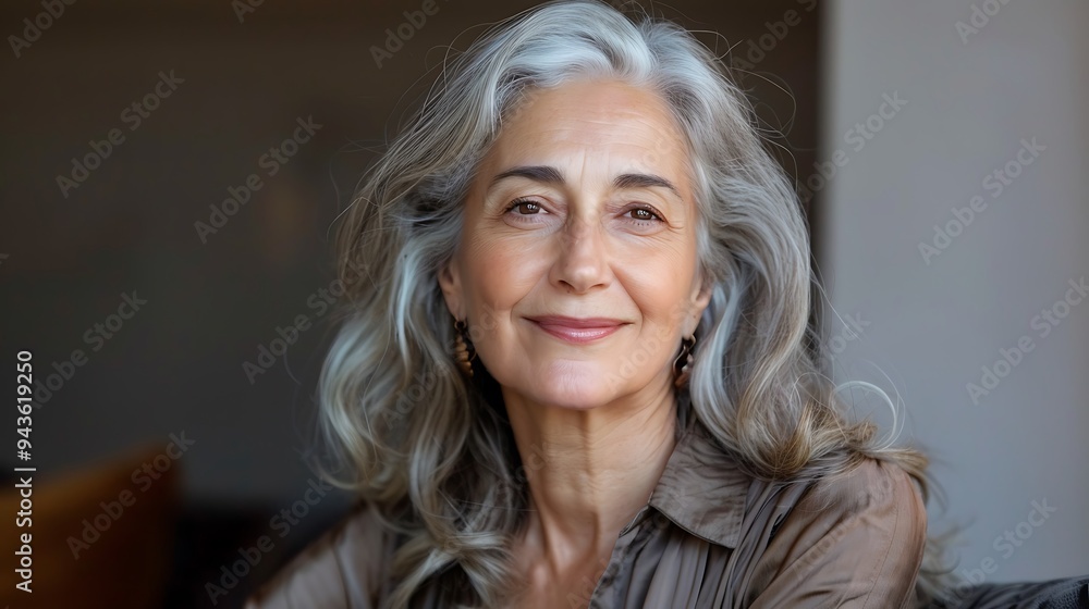 Canvas Prints A portrait of a smiling woman with long, gray hair, exuding warmth and confidence.