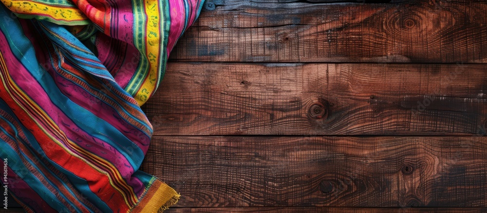Aufkleber colorful tablecloth on a wooden surface with fabric and wood textures creates a vibrant background a