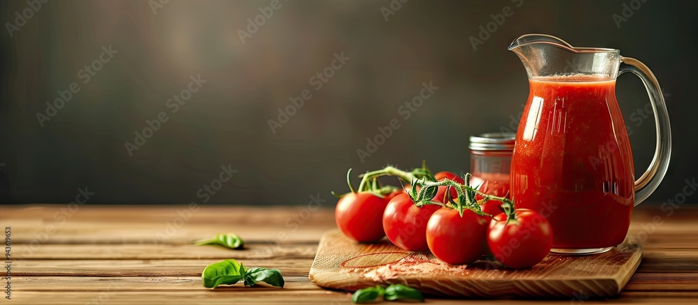 Poster wooden table with a glass jug filled with fresh tomato juice providing space for text with a copy sp