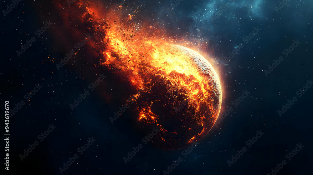 Poster a fiery planet explodes in a cosmic spectacle against a starry backdrop.