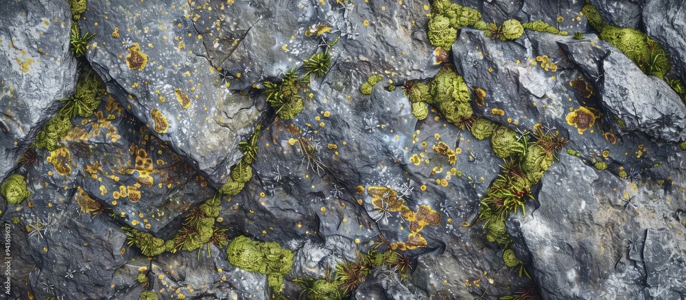 Poster Close up view from above showing the detailed texture of stone with moss and lichen ideal for a wallpaper with copy space image