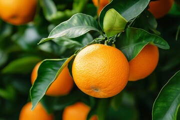 fresh orange fruits with leaves as background, top view. Close-up orange fruit in orange farming. Fresh orange fruit on tree at orchard. Generative Ai