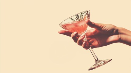 An elegant, pretty, slender female hand hold a cocktail, vintage retro 1960s to 1970s style, against a plain background