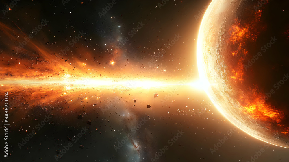 Poster a fiery planet explodes in a spectacular cosmic display, sending debris and light across the vast ex