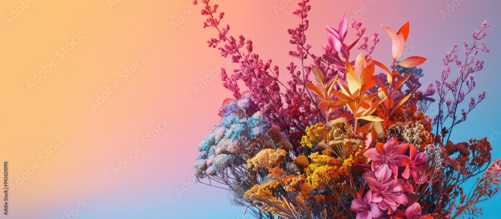 Poster floral arrangement featuring dried and artificial flowers set against a bright fluorescent backdrop 