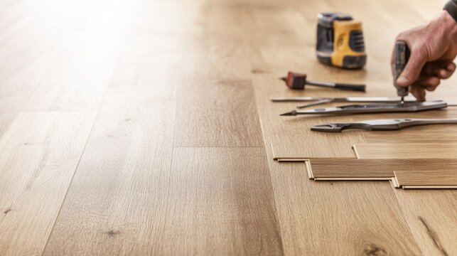 A craftsman works on wooden flooring, using hand tools for precise installation, showcasing craftsmanship and attention to detail.