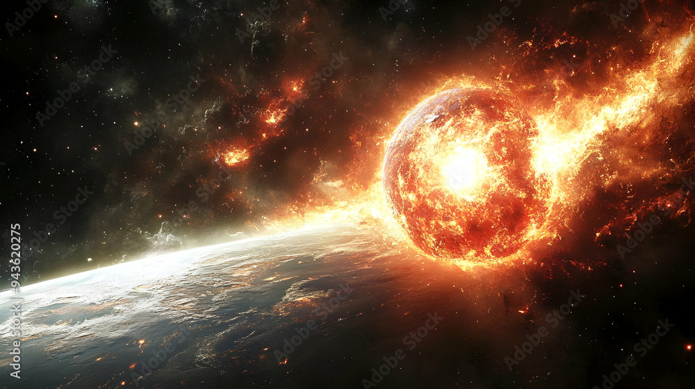 Wall mural A fiery planet explodes in space, leaving a trail of debris and a bright light.