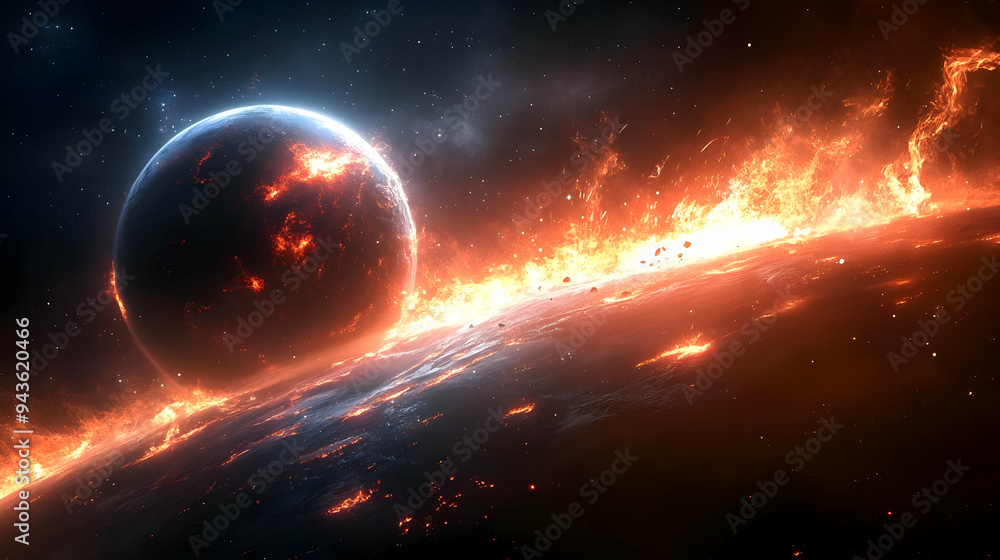 Poster a fiery planet explodes in space, sending flaming debris into the void.
