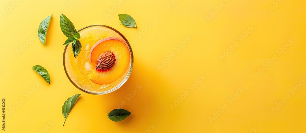 Aufkleber top view of a glass with a cocktail or mocktail garnished with a peach half and whole fruit on a yel
