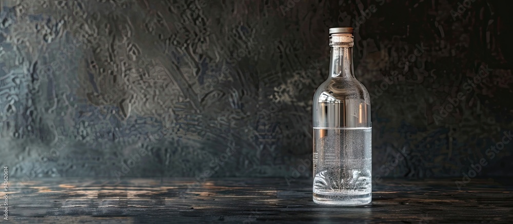 Poster Close up view of a bottle of vodka on a dark table with a designated copy space image included