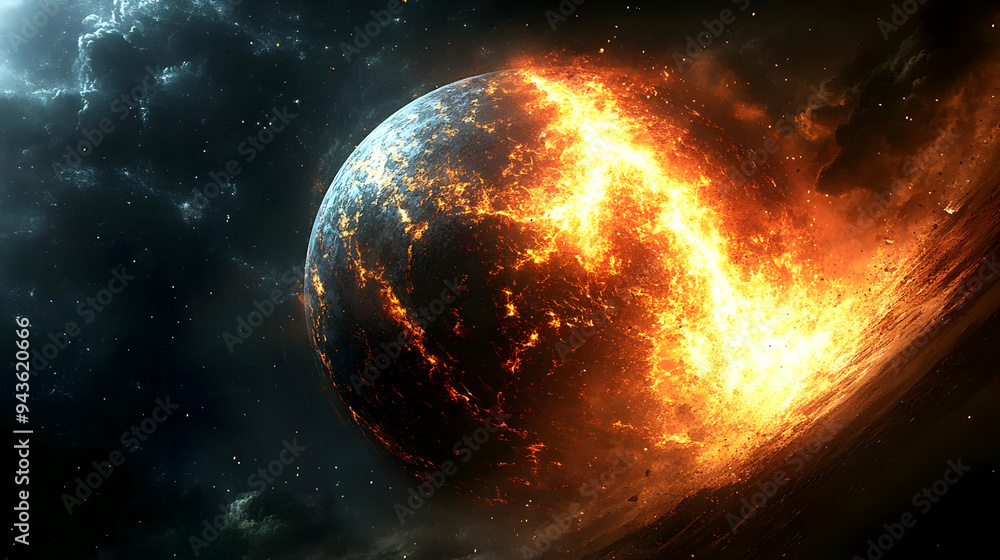Poster a fiery planet explodes in space.