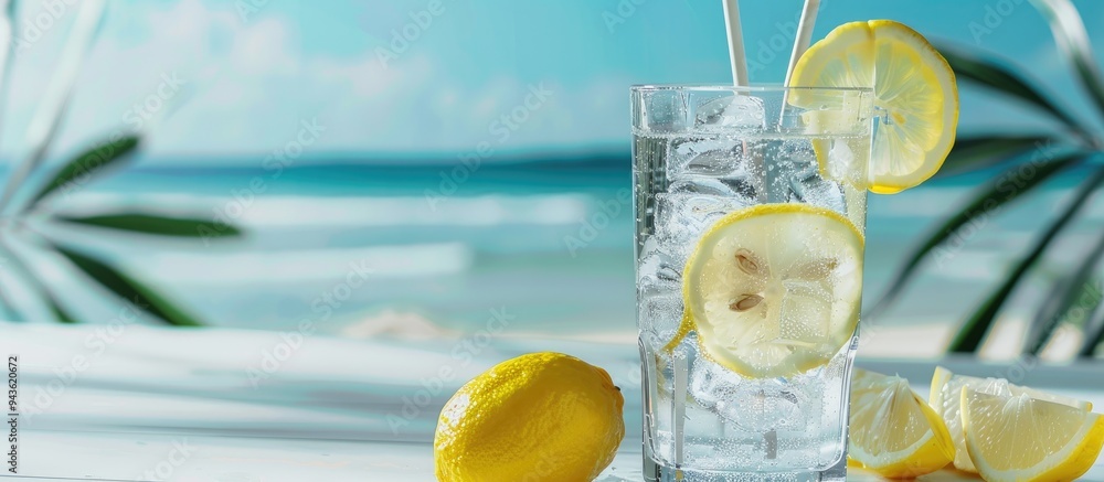 Poster copy space image showcasing a glass of mineral water with lemon slices ice and straws on a white tab
