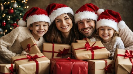 Winter's embrace brings festive smiles as family unites in Santa hats.