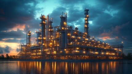 Fototapeta premium A detailed conceptual design showcases a renewable feedstock refinery illuminated at dusk, reflecting vibrant colors on the water.