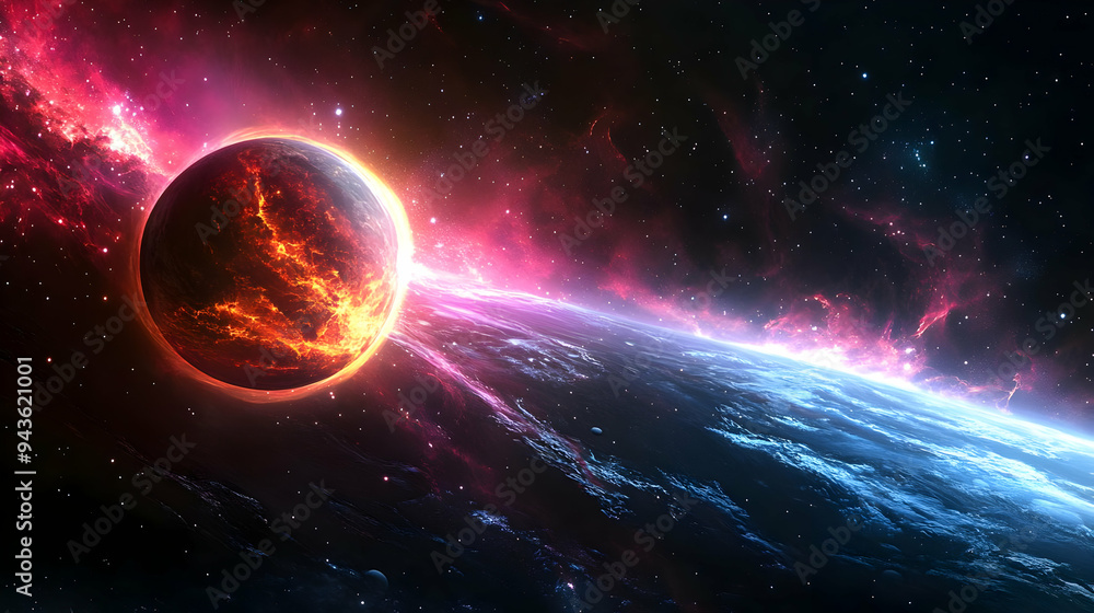 Poster a fiery planet explodes next to a blue planet, creating a stunning display of cosmic energy.