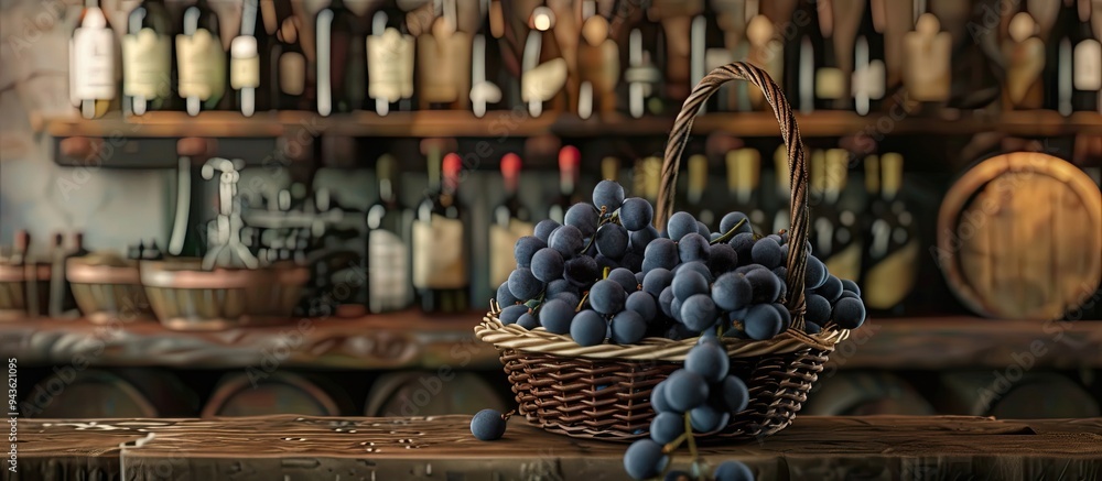 Poster A rustic setting featuring blue grapes in an antique basket on a vintage table with a bar counter filled with wine bottles in the background Copy space image