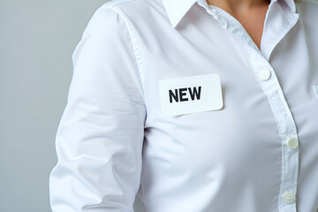 A name tag pinned on a person's white office shirt, labelled with the word 'NEW'. Concept on employee first day at work, new staff or team member, HR recent job hire, recruit on probation. Closeup.