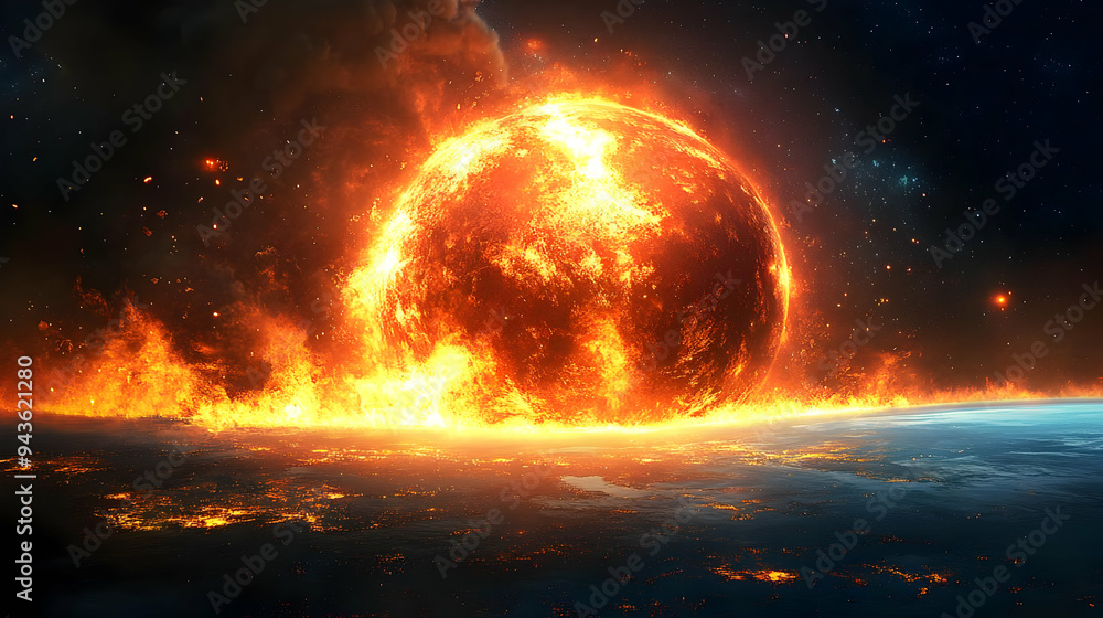 Poster a fiery planet explodes, engulfing a neighboring planet in flames, leaving only a trail of destructi
