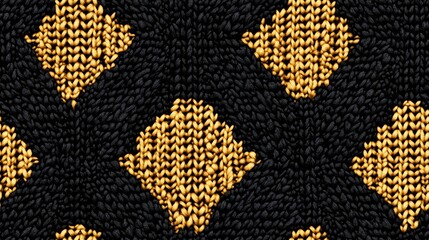 Close-up of intricate black and gold textile pattern featuring diamond shapes.