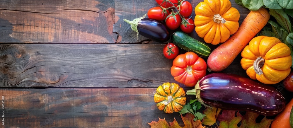 Poster various colorful vegetables like pumpkins eggplants cucumbers tomatoes and peppers displayed on a wo