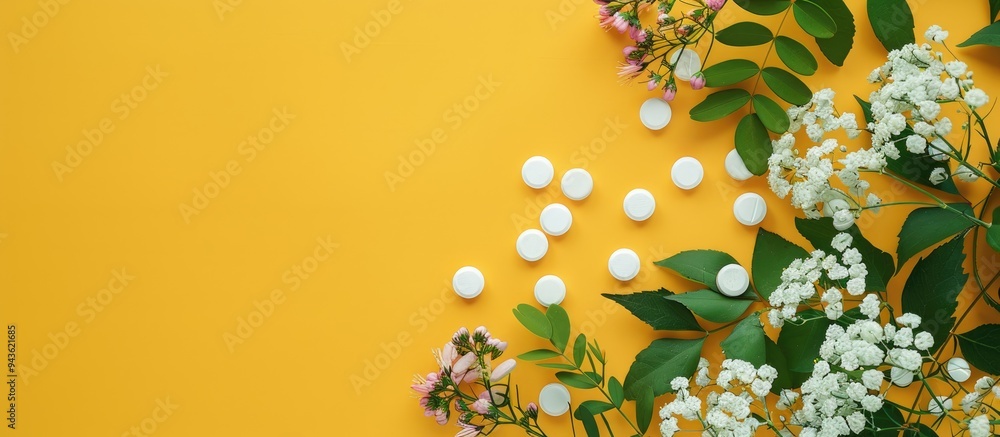 Poster White tablets with floral design displayed on a bright yellow backdrop suitable for showcasing natural medicines in a vibrant setting with copy space image
